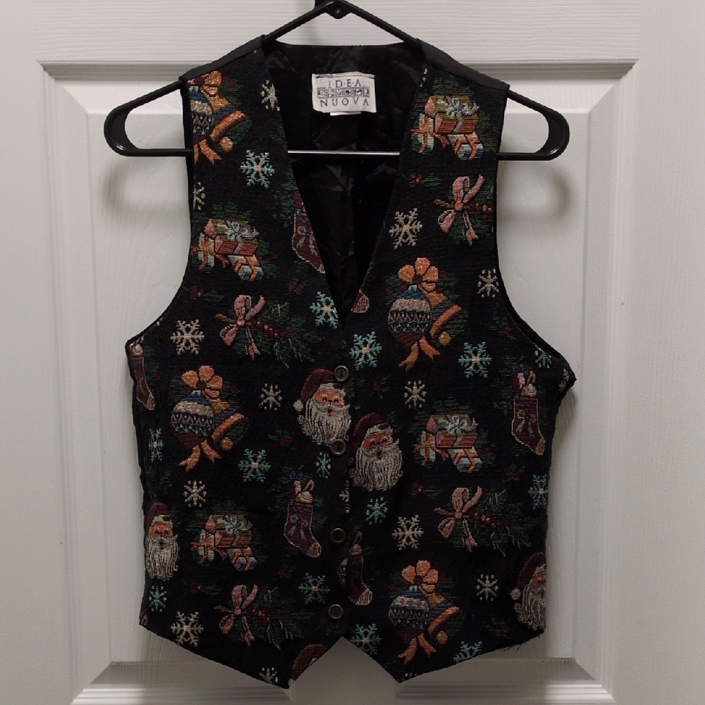 Vintage 90s Tapestry Christmas Vest – Santa Holiday Vest Idea Nuova Size M/L